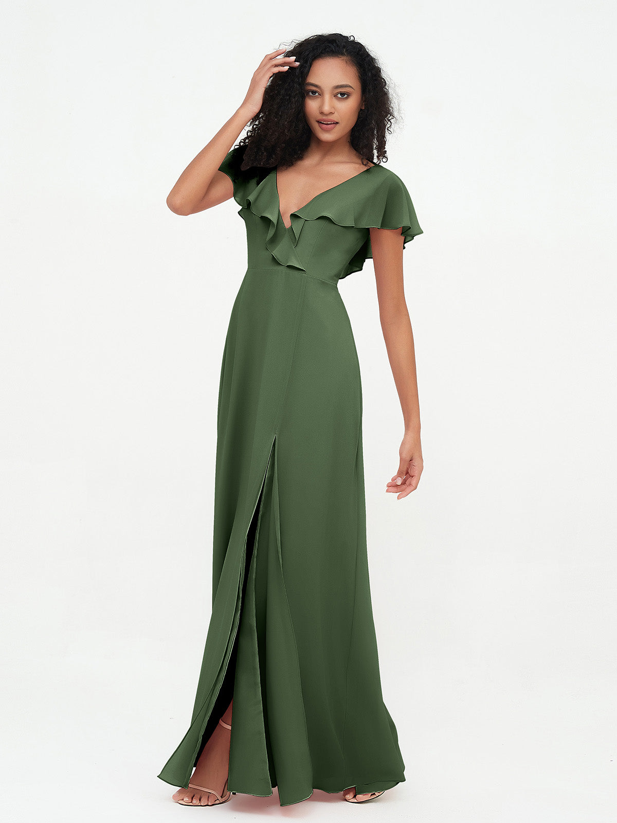 Vestidos estilo A-line de chiffon con escote en V y abertura Verde Oliva