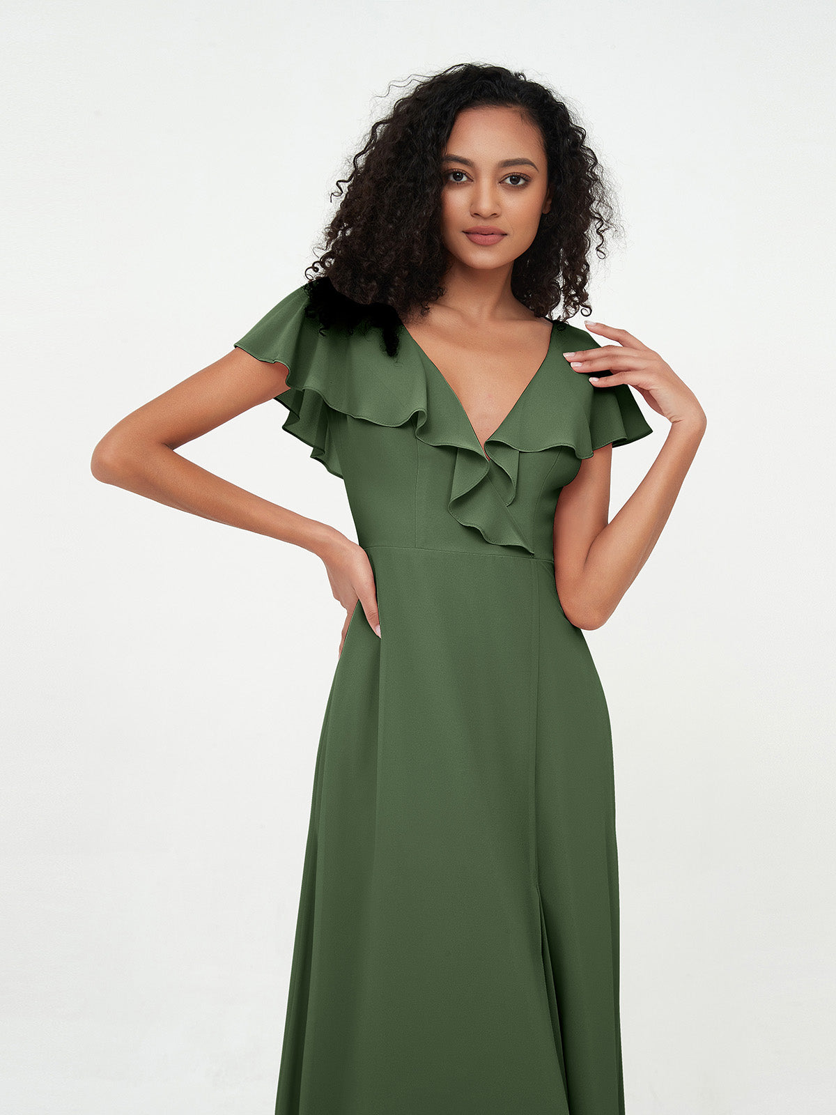 Vestidos estilo A-line de chiffon con escote en V y abertura Verde Oliva