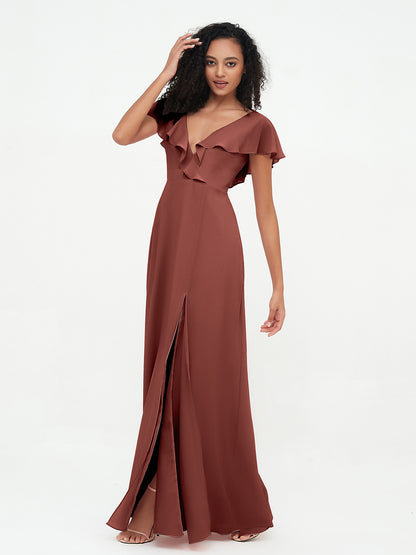 Vestidos estilo A-line de chiffon con escote en V y abertura Terracota Tallas Grandes
