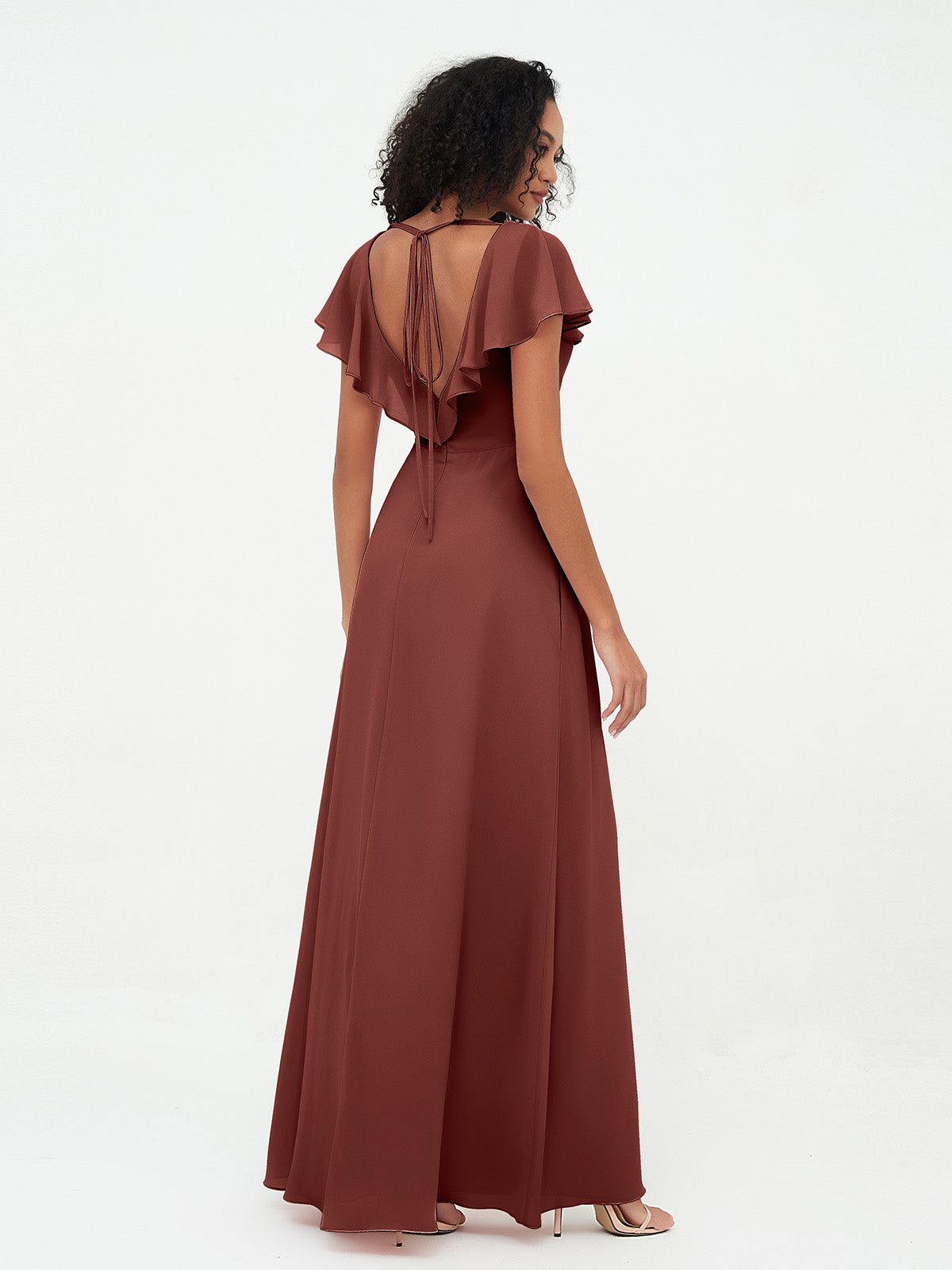 Vestidos estilo A-line de chiffon con escote en V y abertura Terracota