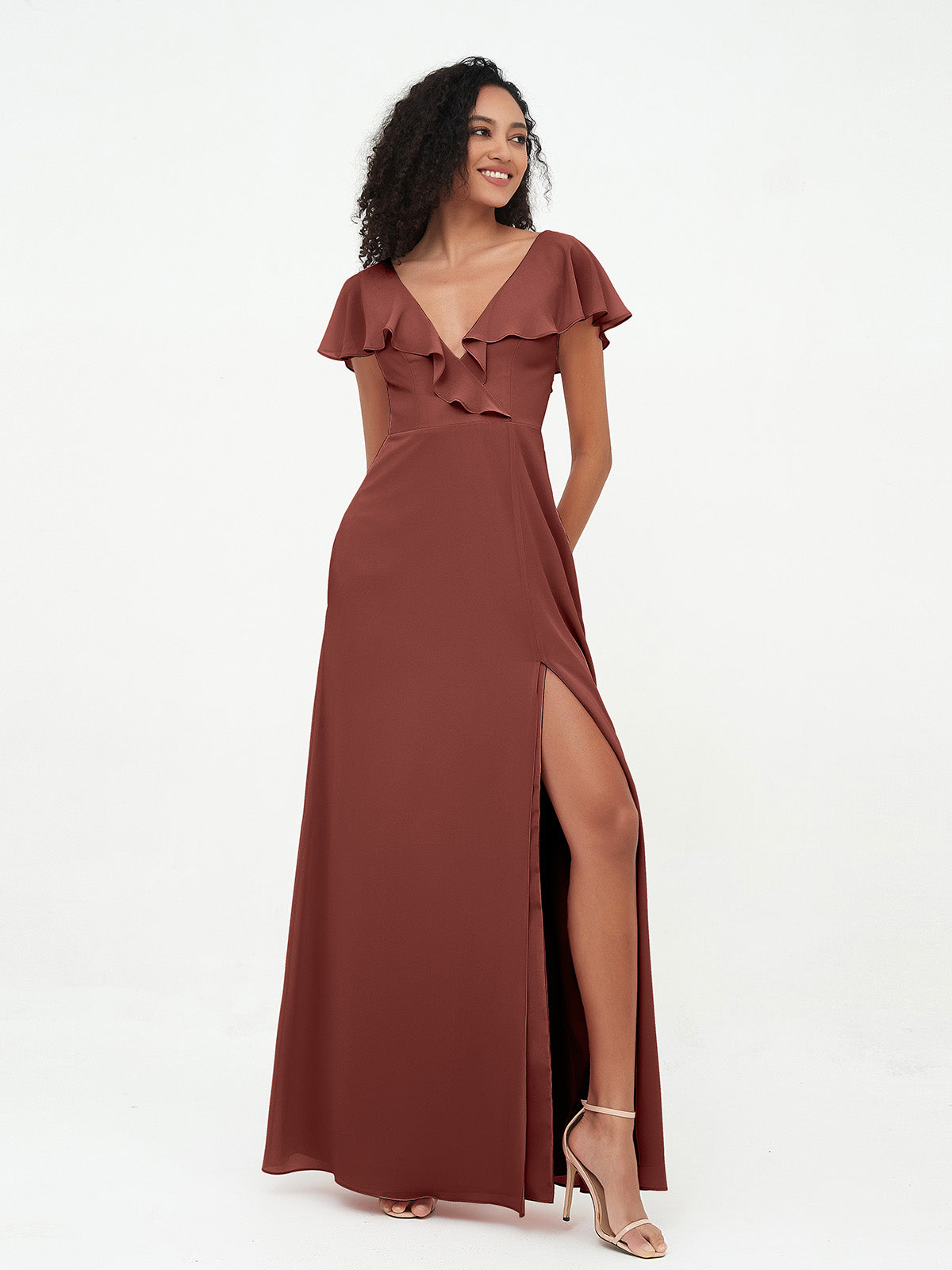 Vestidos estilo A-line de chiffon con escote en V y abertura Terracota