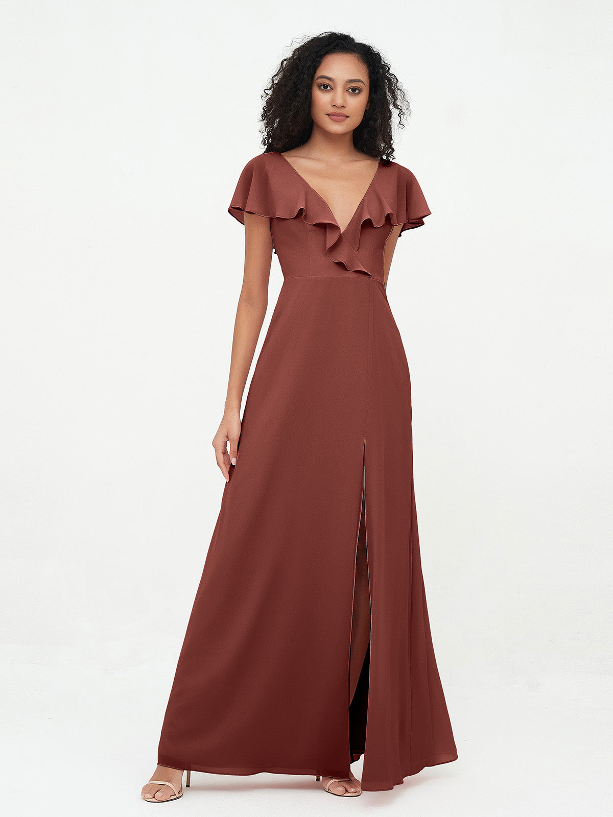 Vestidos estilo A-line de chiffon con escote en V y abertura Terracota Tallas Grandes