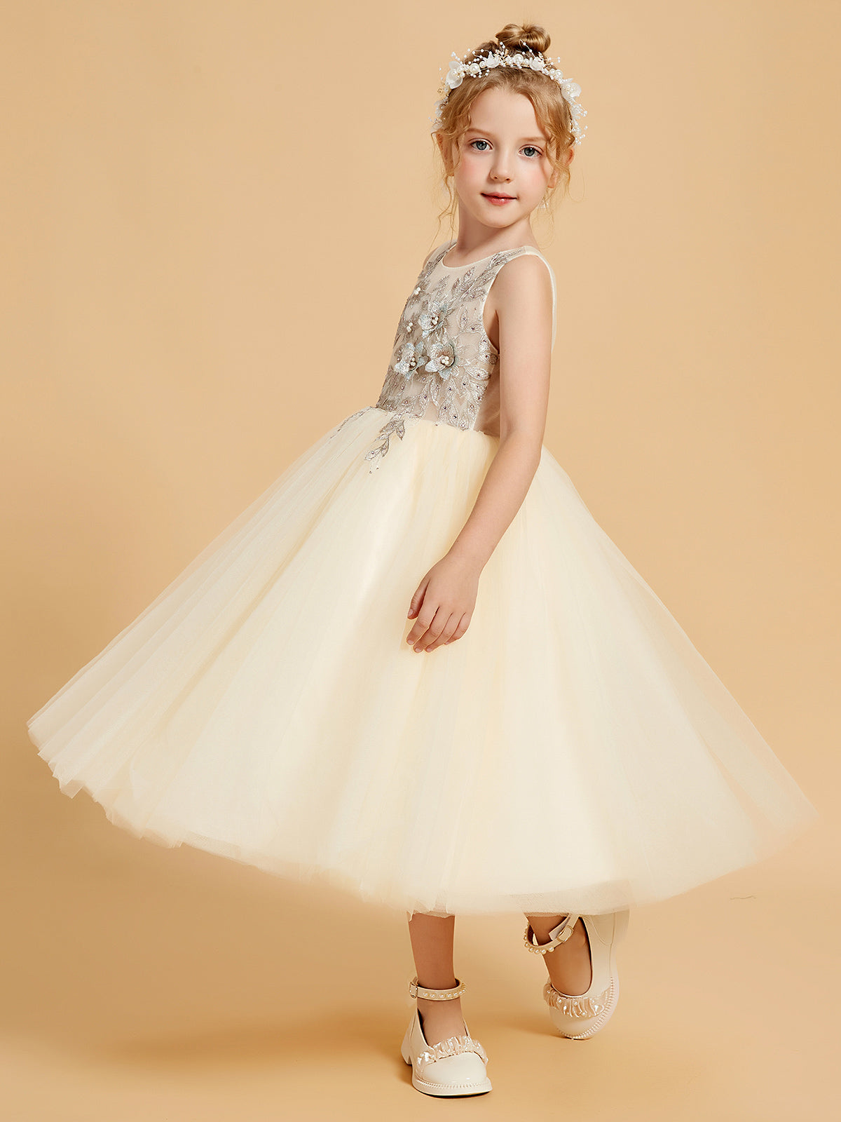 Vestidos Elegantes De NiñA De Las Flores Realzados Con Tul Y Detalles Apliques