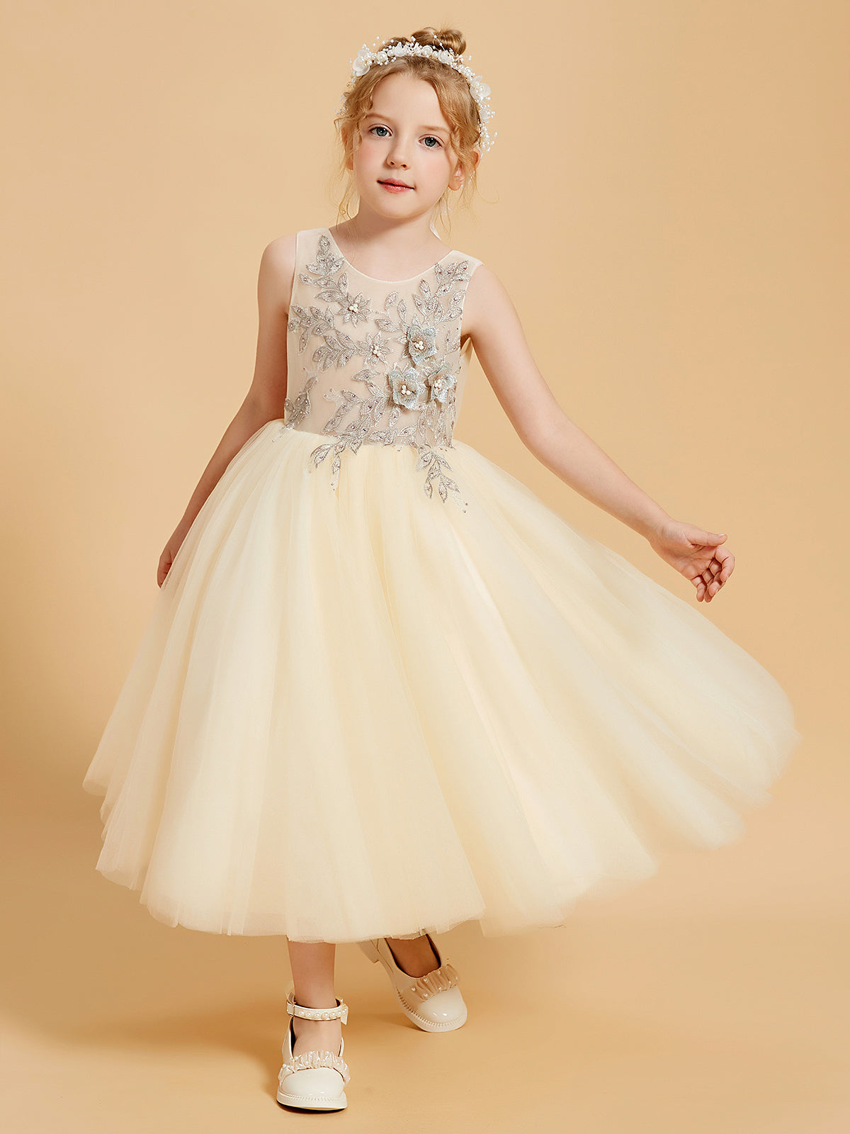 Vestidos Elegantes De NiñA De Las Flores Realzados Con Tul Y Detalles Apliques