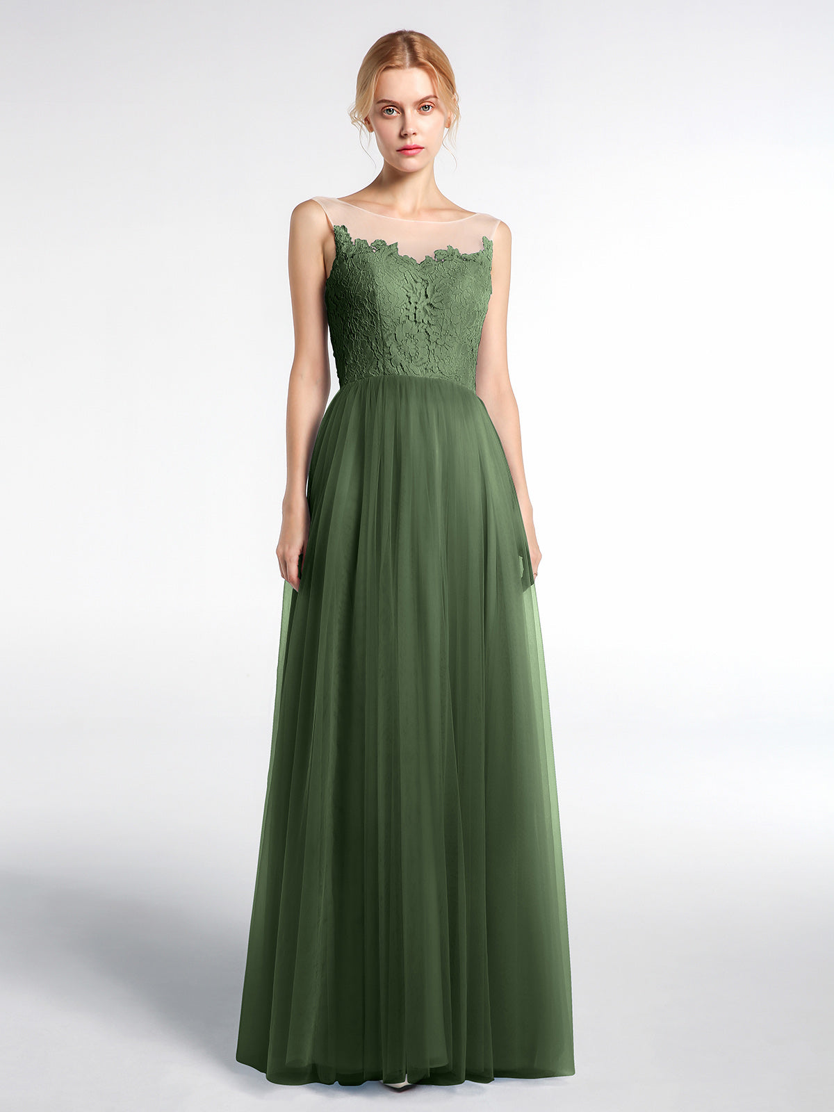 Vestido maxi de encaje y tul con escote ilusión Verde Oliva