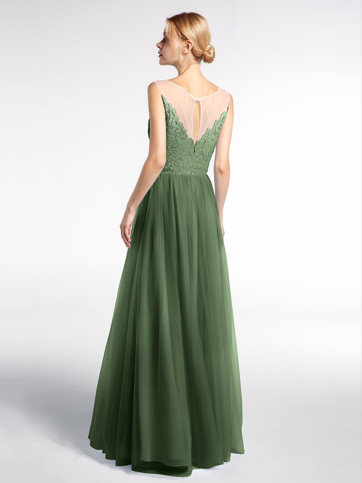 Vestido maxi de encaje y tul con escote ilusión Verde Oliva