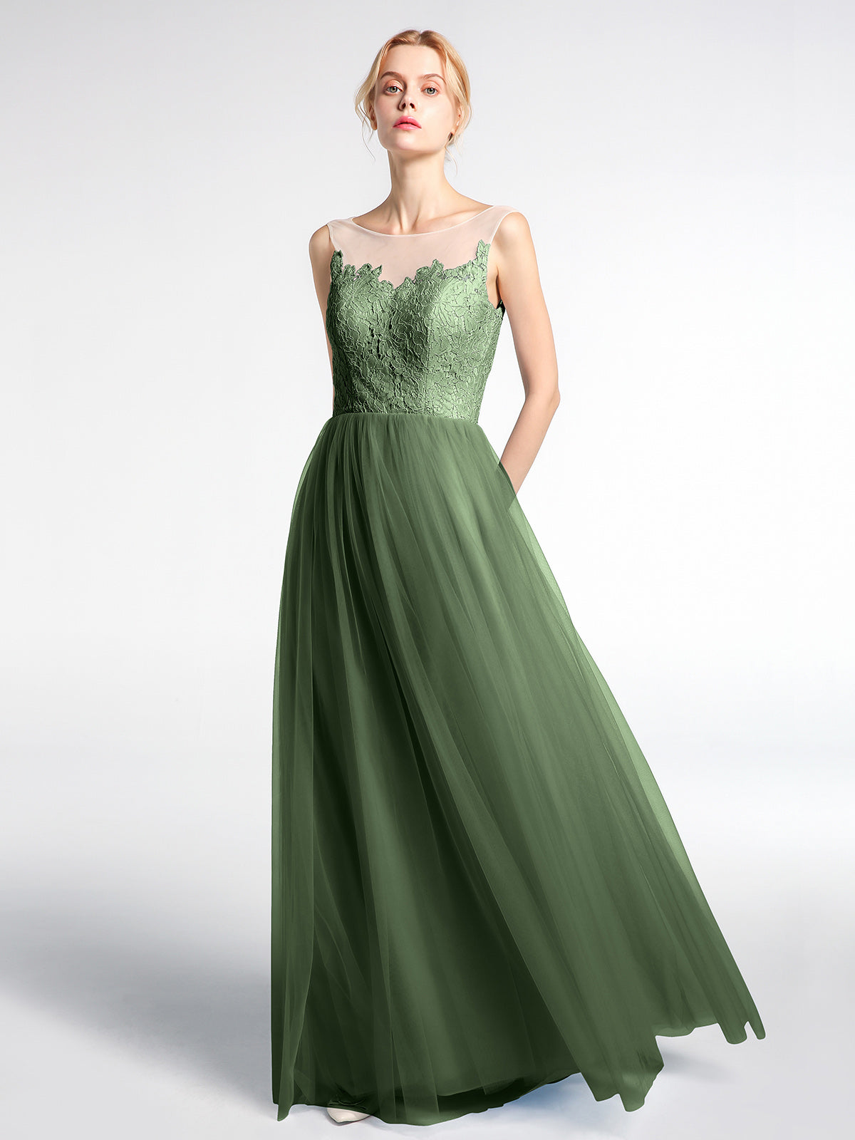 Vestido maxi de encaje y tul con escote ilusión Verde Oliva