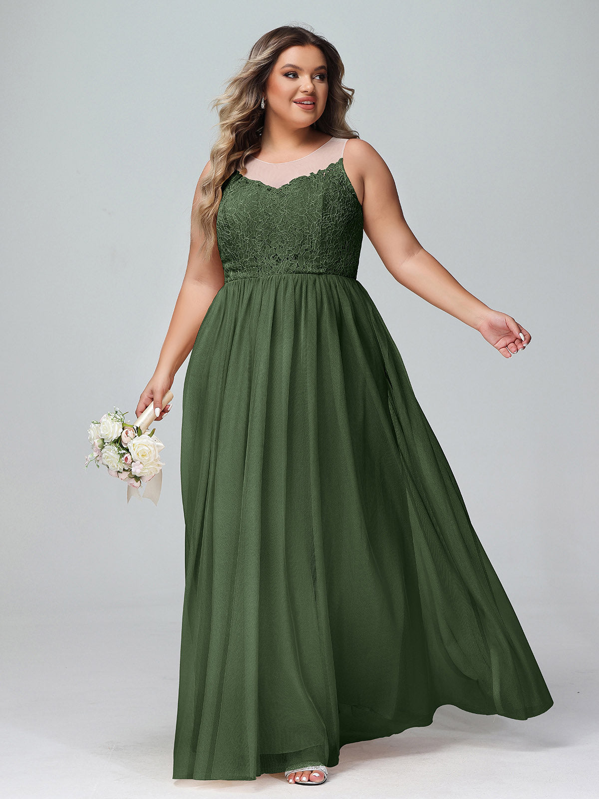 Vestido maxi de encaje y tul con escote ilusión Verde Oliva Tallas Grandes