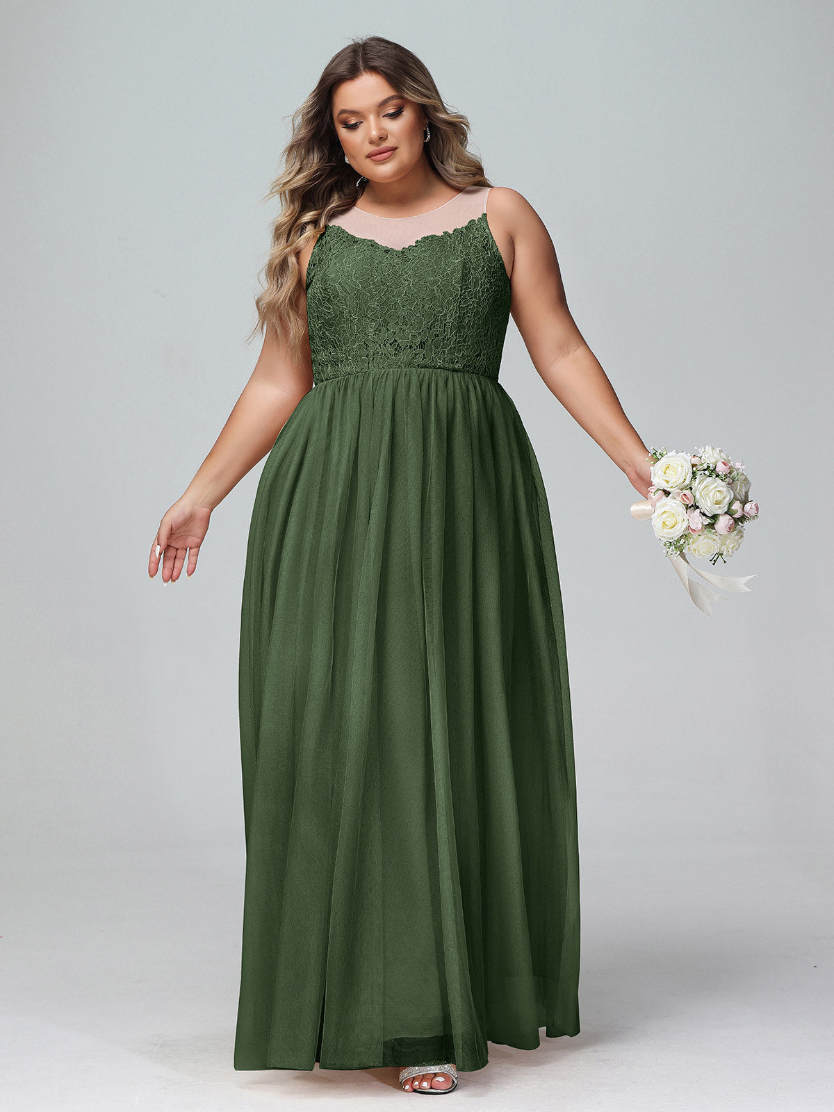 Vestido maxi de encaje y tul con escote ilusión Verde Oliva Tallas Grandes