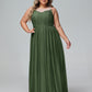Vestido maxi de encaje y tul con escote ilusión Verde Oliva Tallas Grandes