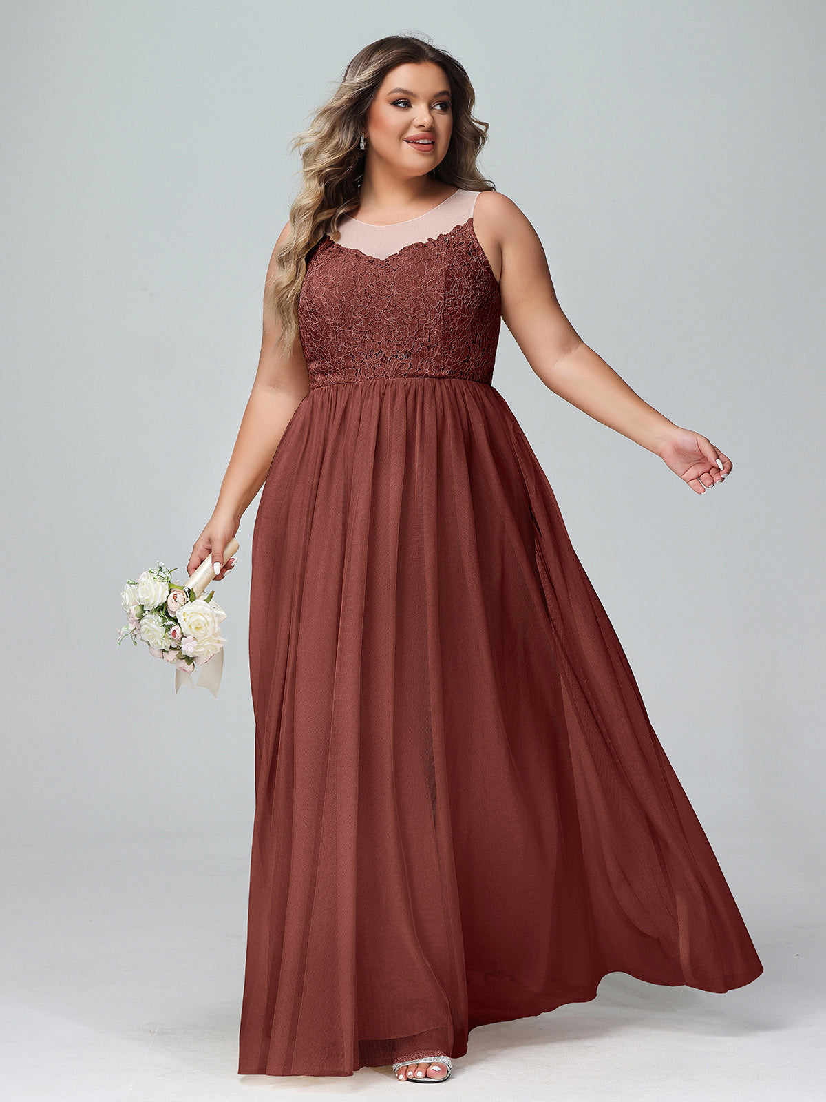 Vestido maxi de encaje y tul con escote ilusión Terracota Tallas Grandes