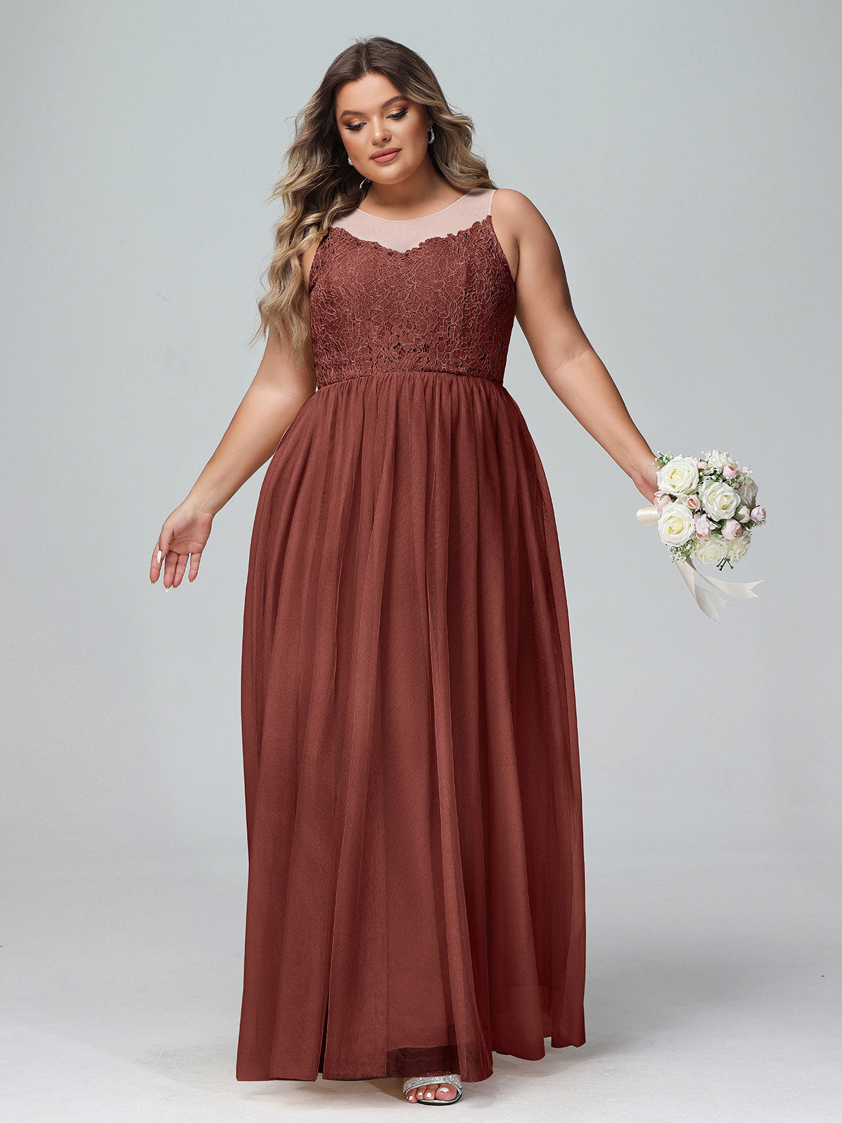 Vestido maxi de encaje y tul con escote ilusión Terracota Tallas Grandes