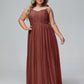 Vestido maxi de encaje y tul con escote ilusión Terracota Tallas Grandes