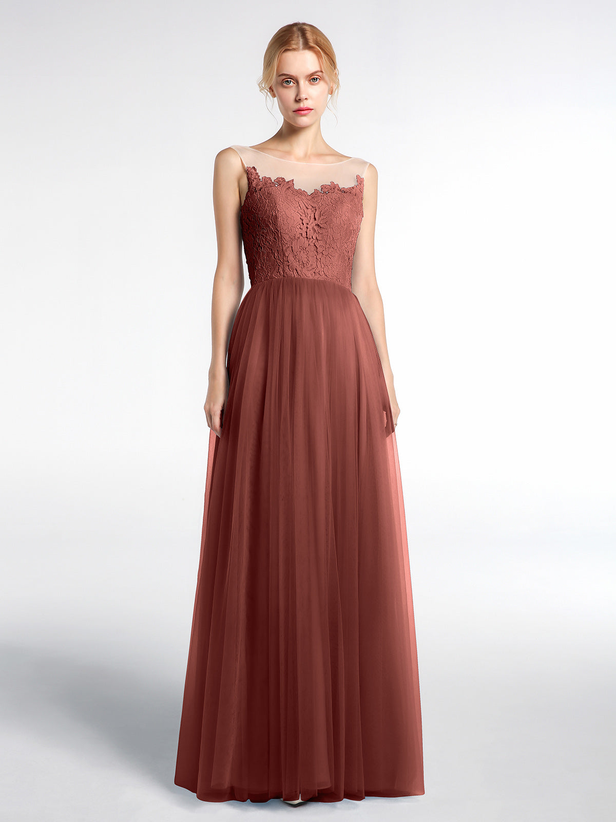 Vestido maxi de encaje y tul con escote ilusión Terracota
