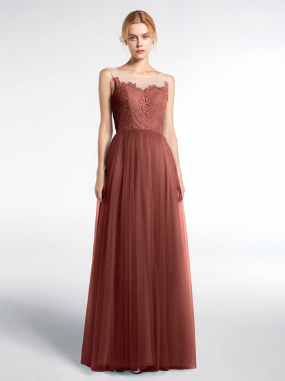 Vestido maxi de encaje y tul con escote ilusión Terracota
