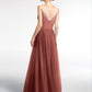 Vestido maxi de encaje y tul con escote ilusión Terracota