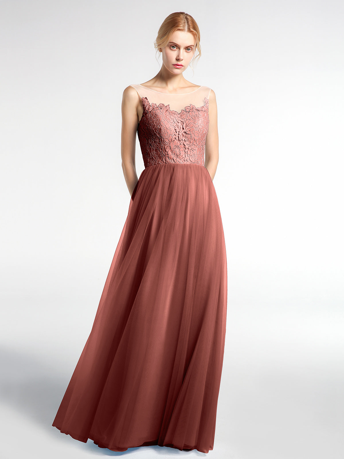 Vestido maxi de encaje y tul con escote ilusión Terracota
