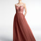 Vestido maxi de encaje y tul con escote ilusión Terracota