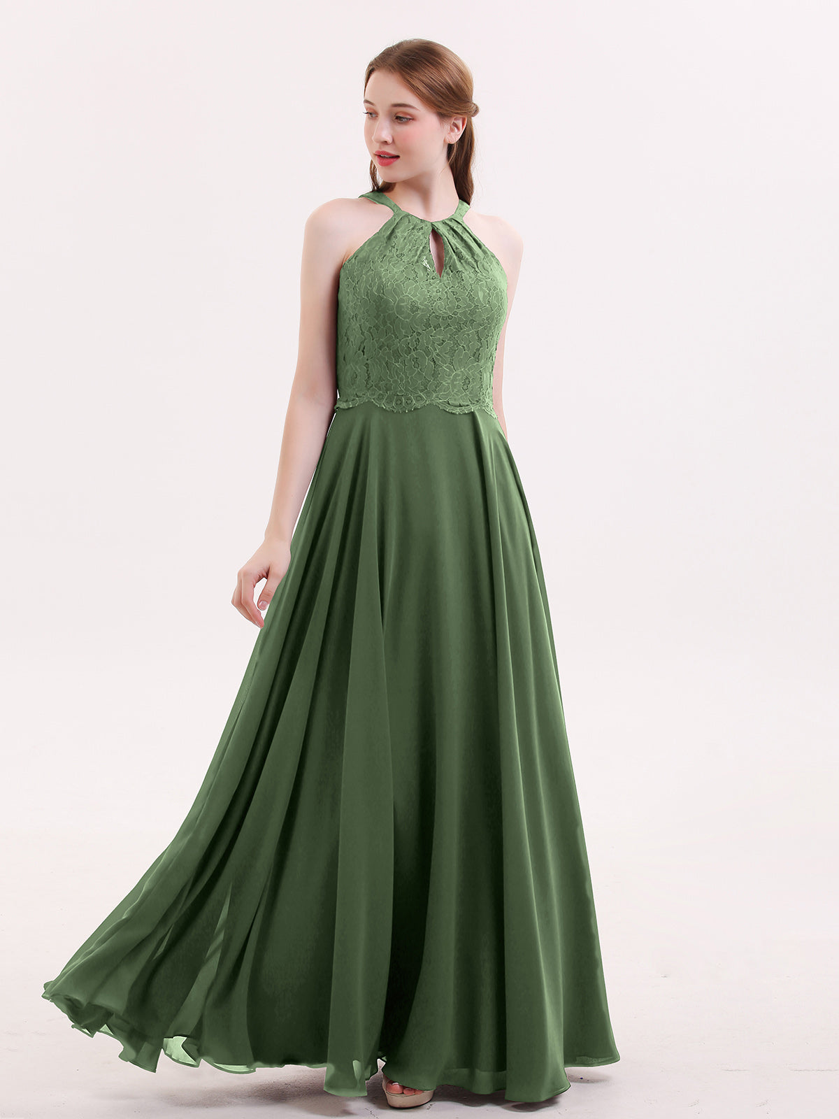 Pandora Encaje Y Gasa Cabestro Vestido Con Espalda Abierta Verde Oliva Tallas Grandes