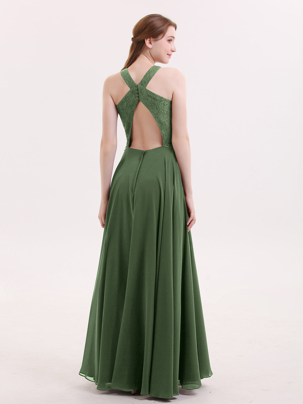 Pandora Encaje Y Gasa Cabestro Vestido Con Espalda Abierta Verde Oliva Tallas Grandes