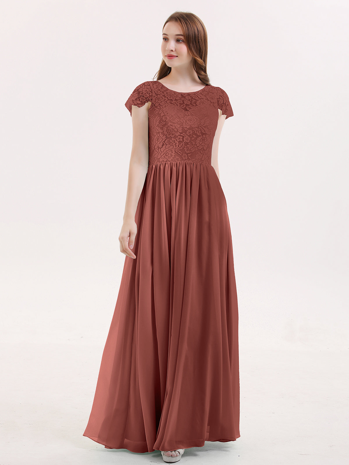 Pearl Largos Vestidos De Dama De Honor Con Mangas De La Tapa Terracota
