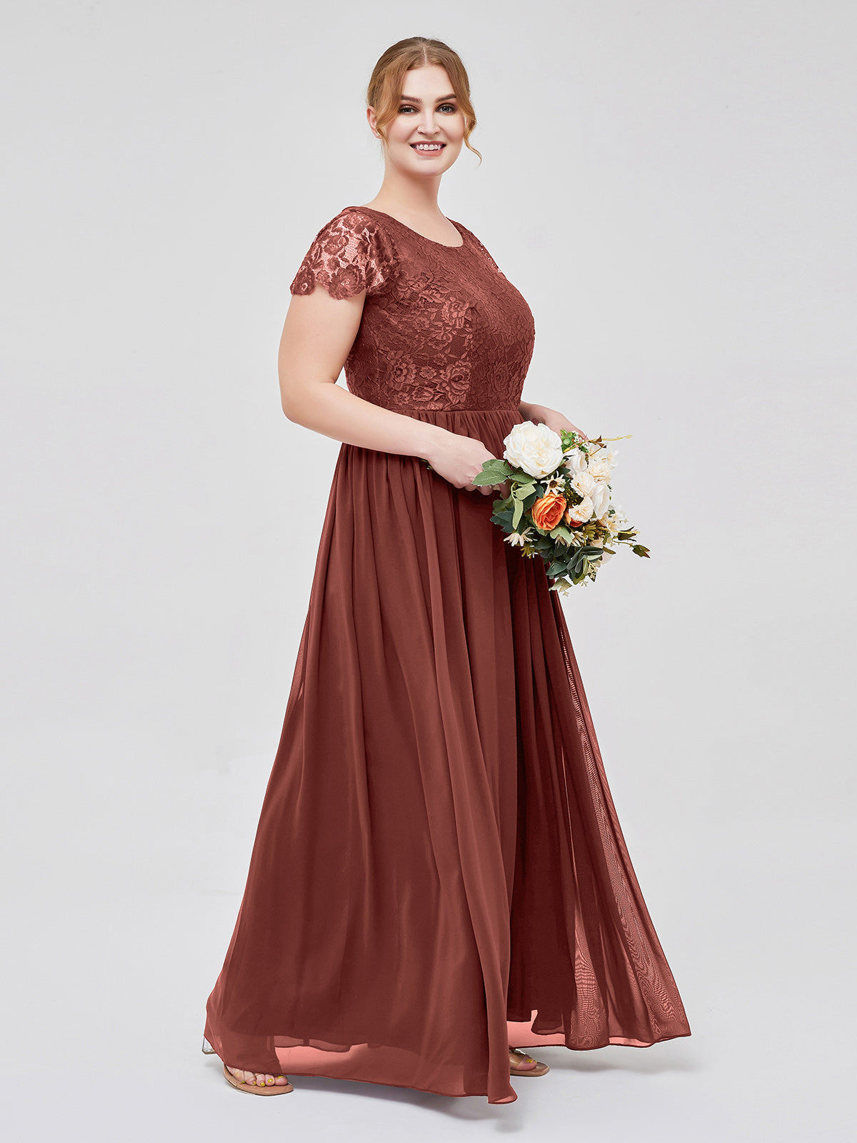 Pearl Largos Vestidos De Dama De Honor Con Mangas De La Tapa Terracota Tallas Grandes