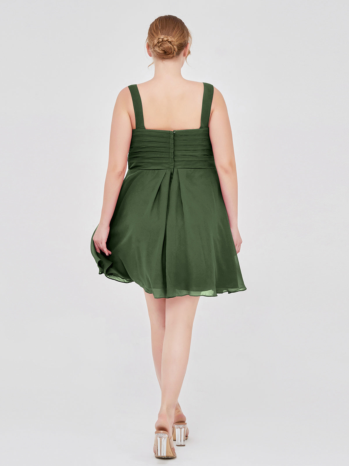Penelope Escote En V Gasa Corto Vestido De Dama De Honor Verde Oliva Tallas Grandes