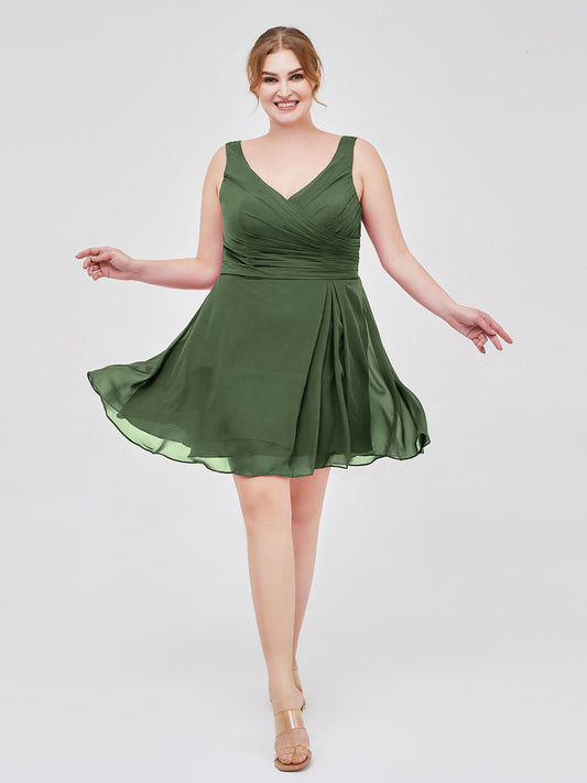 Penelope Escote En V Gasa Corto Vestido De Dama De Honor Verde Oliva Tallas Grandes