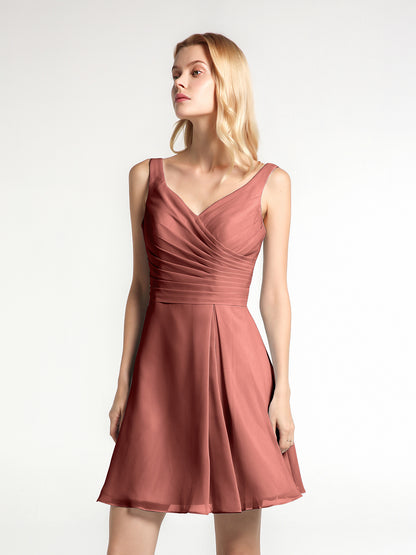 Penelope Escote En V Gasa Corto Vestido De Dama De Honor Terracota