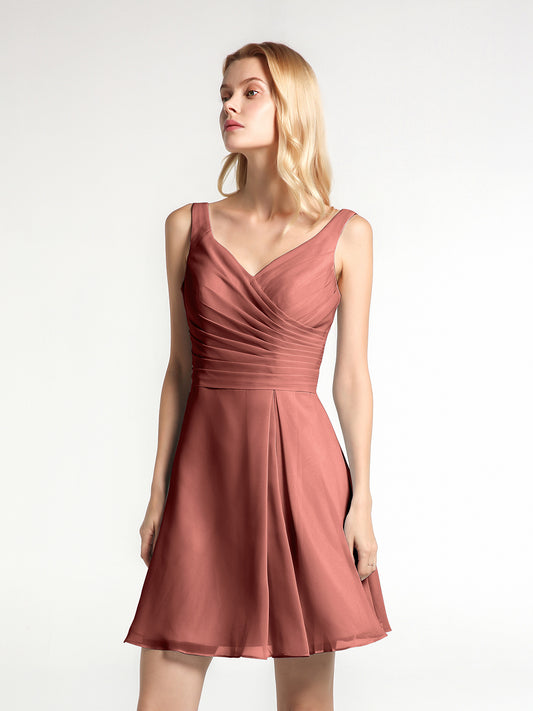 Penelope Escote En V Gasa Corto Vestido De Dama De Honor Terracota