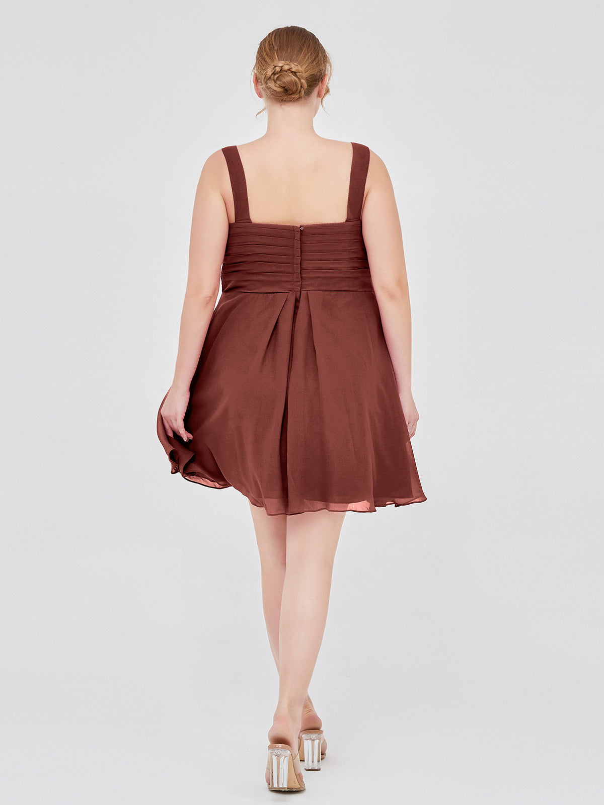 Penelope Escote En V Gasa Corto Vestido De Dama De Honor Terracota Tallas Grandes
