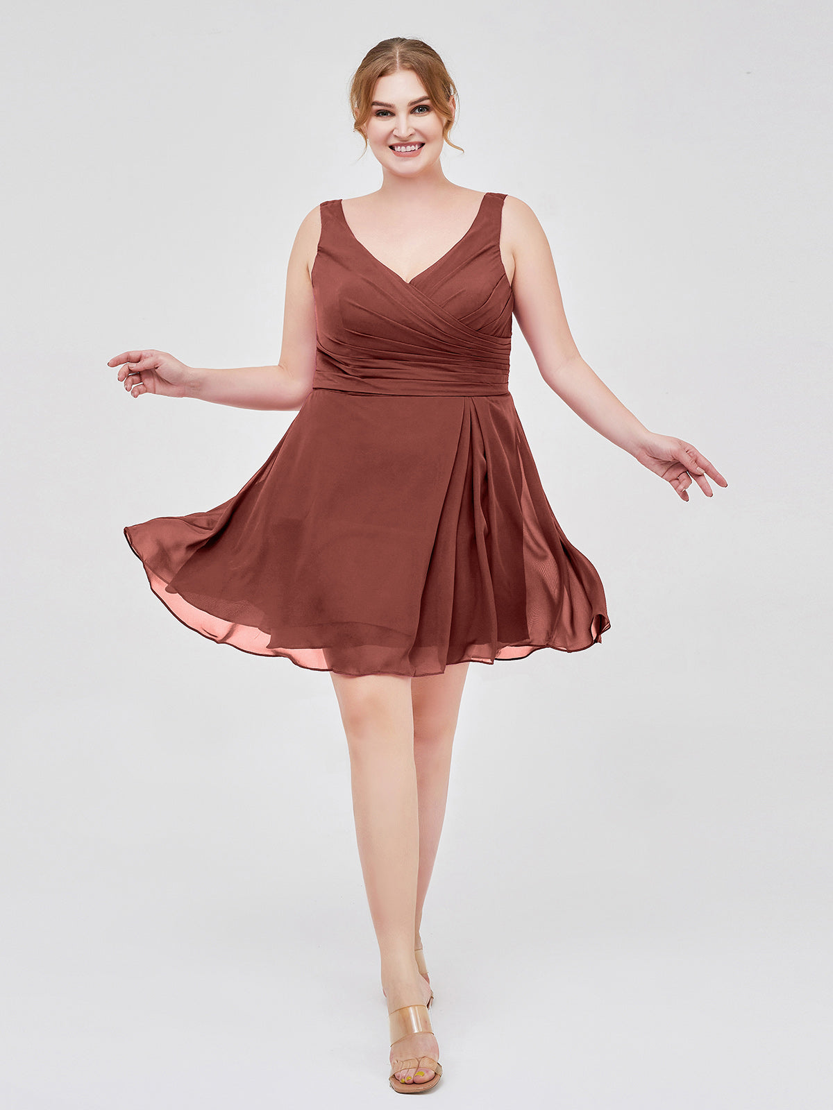 Penelope Escote En V Gasa Corto Vestido De Dama De Honor Terracota Tallas Grandes