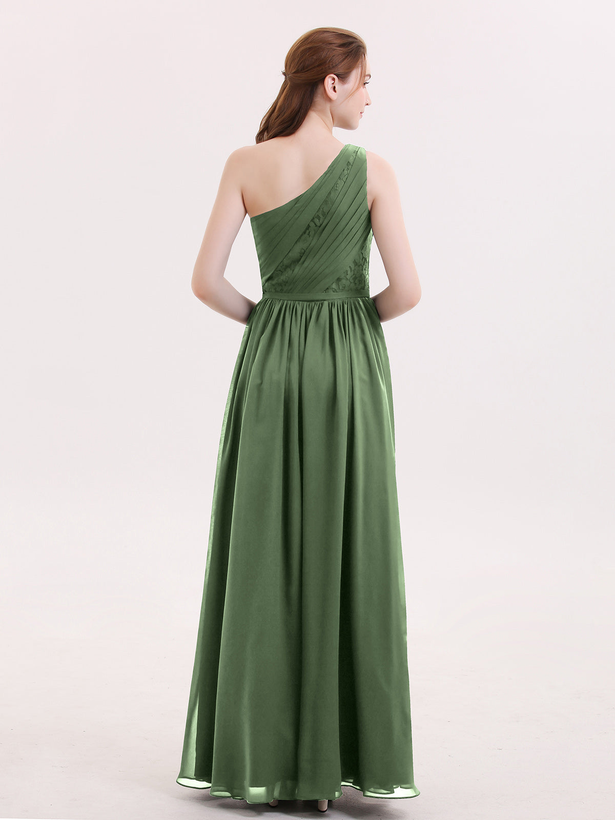 Phoenix Un Hombro Gasa Y Encaje Vestido De Dama De Honor Verde Oliva Tallas Grandes