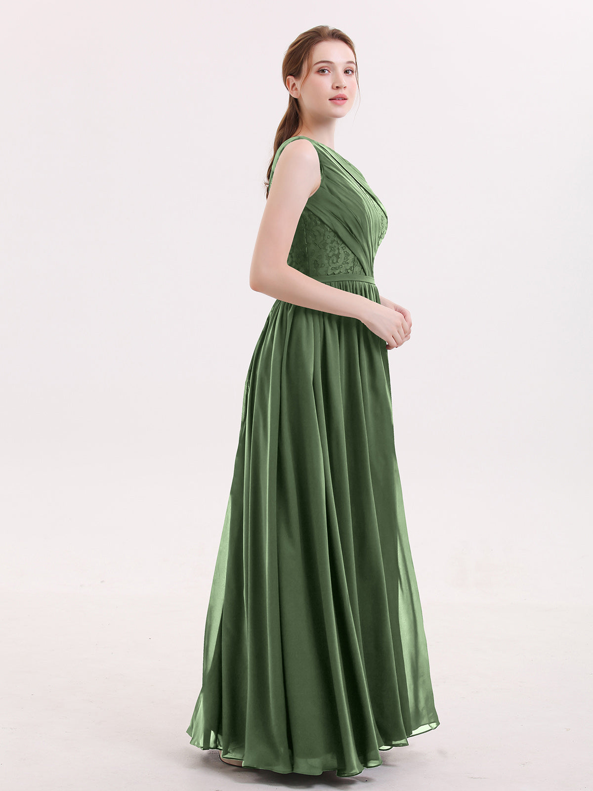 Phoenix Un Hombro Gasa Y Encaje Vestido De Dama De Honor Verde Oliva Tallas Grandes