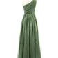 Phoenix Un Hombro Gasa Y Encaje Vestido De Dama De Honor Verde Oliva Tallas Grandes
