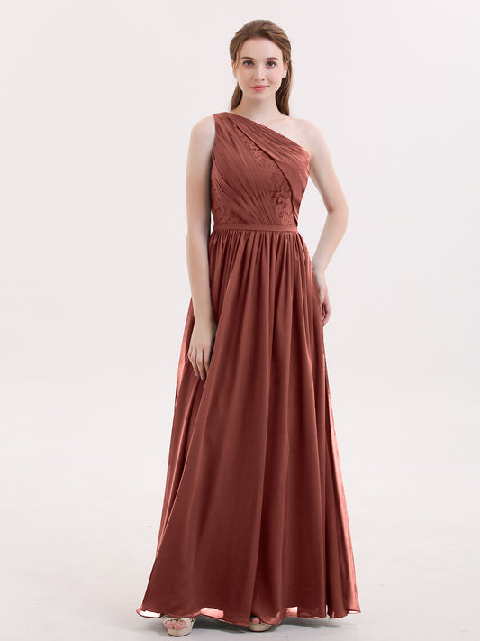 Phoenix Un Hombro Gasa Y Encaje Vestido De Dama De Honor Terracota