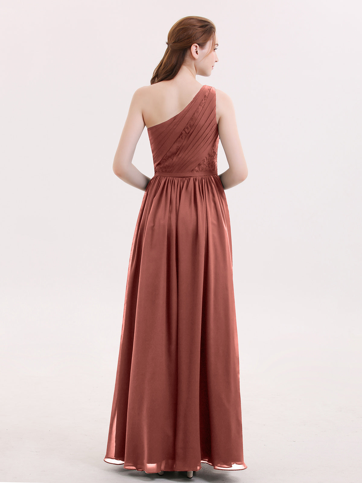 Phoenix Un Hombro Gasa Y Encaje Vestido De Dama De Honor Terracota Tallas Grandes