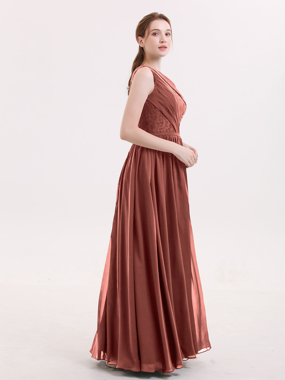 Phoenix Un Hombro Gasa Y Encaje Vestido De Dama De Honor Terracota Tallas Grandes