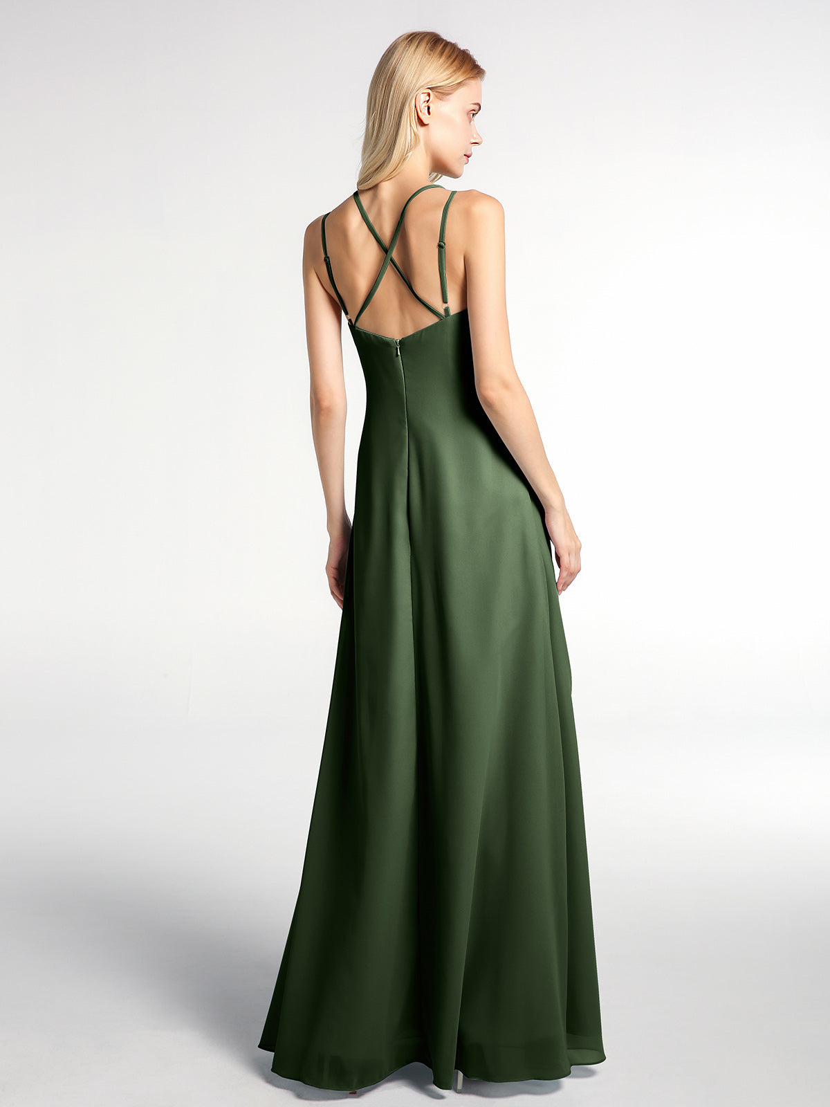 Vestido maxi de chiffon con tirantes dobles y cruzados en la espalda Verde Oliva Tallas Grandes