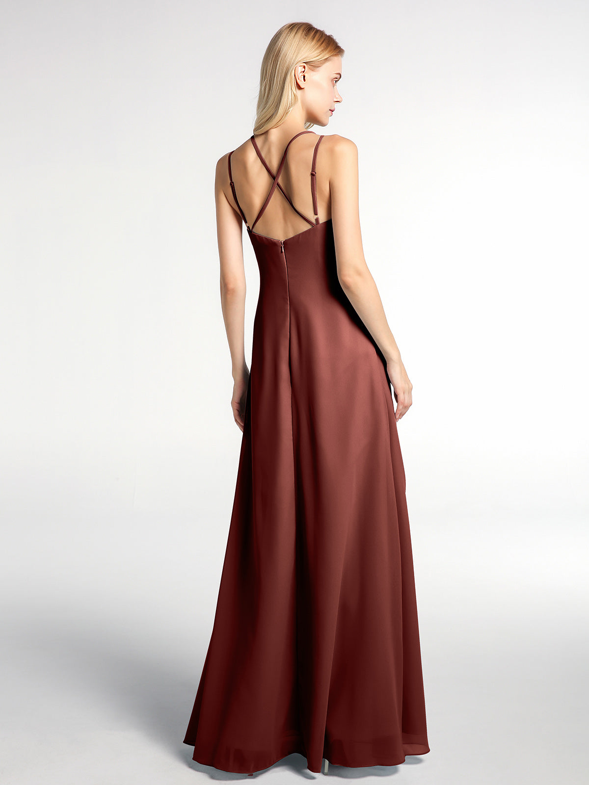 Vestido maxi de chiffon con tirantes dobles y cruzados en la espalda Terracota