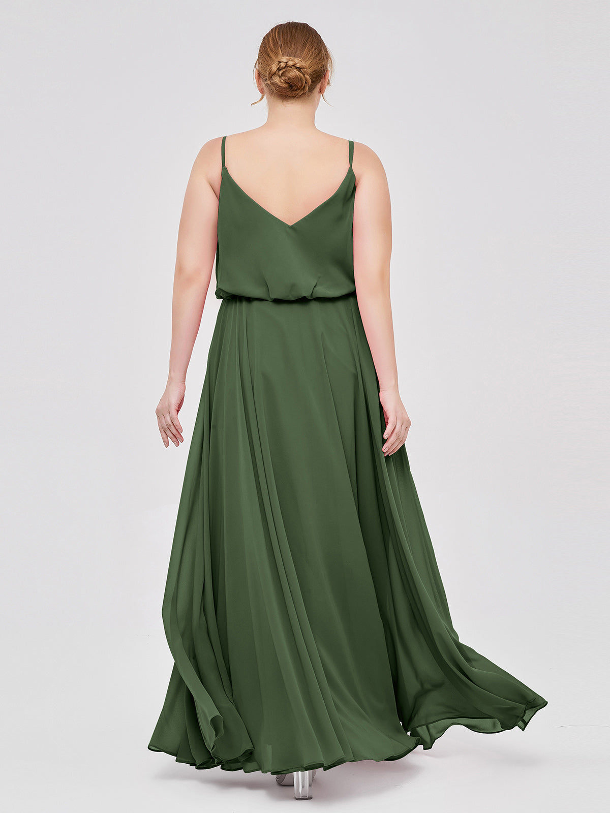 Vestidos de chiffon con tirantes finos y escote tipo scoop con abertura Verde Oliva Tallas Grandes
