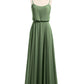 Vestidos de chiffon con tirantes finos y escote tipo scoop con abertura Verde Oliva Tallas Grandes