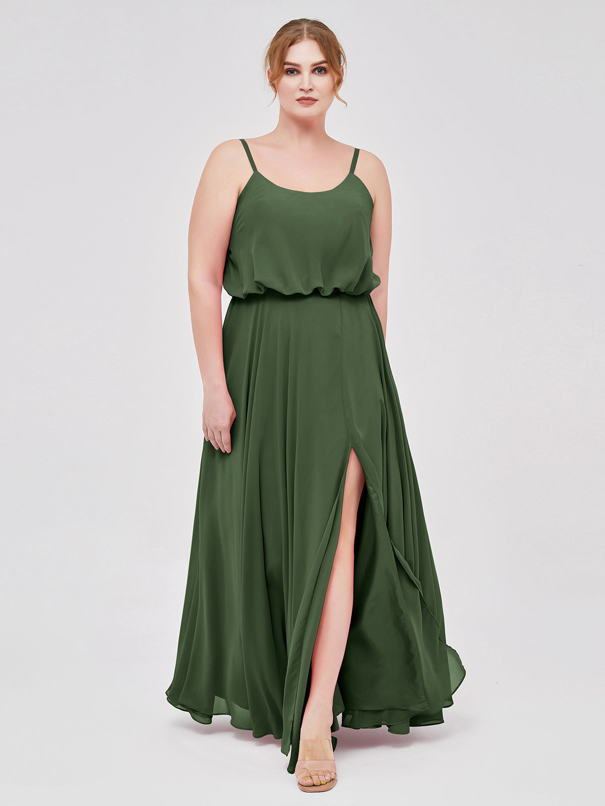 Vestidos de chiffon con tirantes finos y escote tipo scoop con abertura Verde Oliva Tallas Grandes