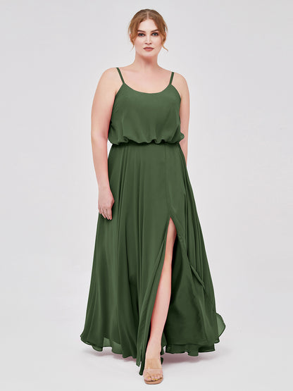 Vestidos de chiffon con tirantes finos y escote tipo scoop con abertura Verde Oliva Tallas Grandes