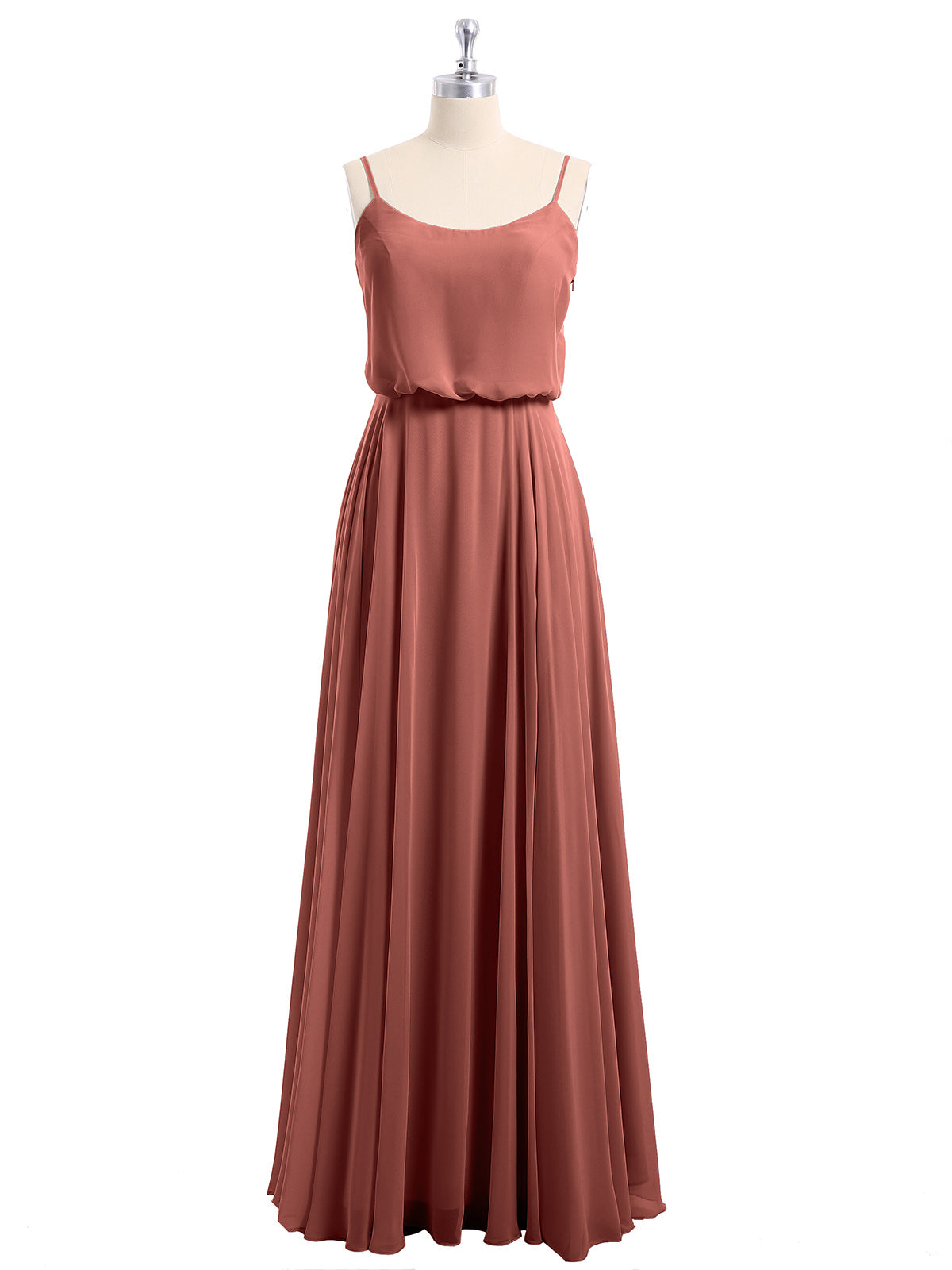 Vestidos de chiffon con tirantes finos y escote tipo scoop con abertura Terracota