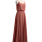 Vestidos de chiffon con tirantes finos y escote tipo scoop con abertura Terracota Tallas Grandes