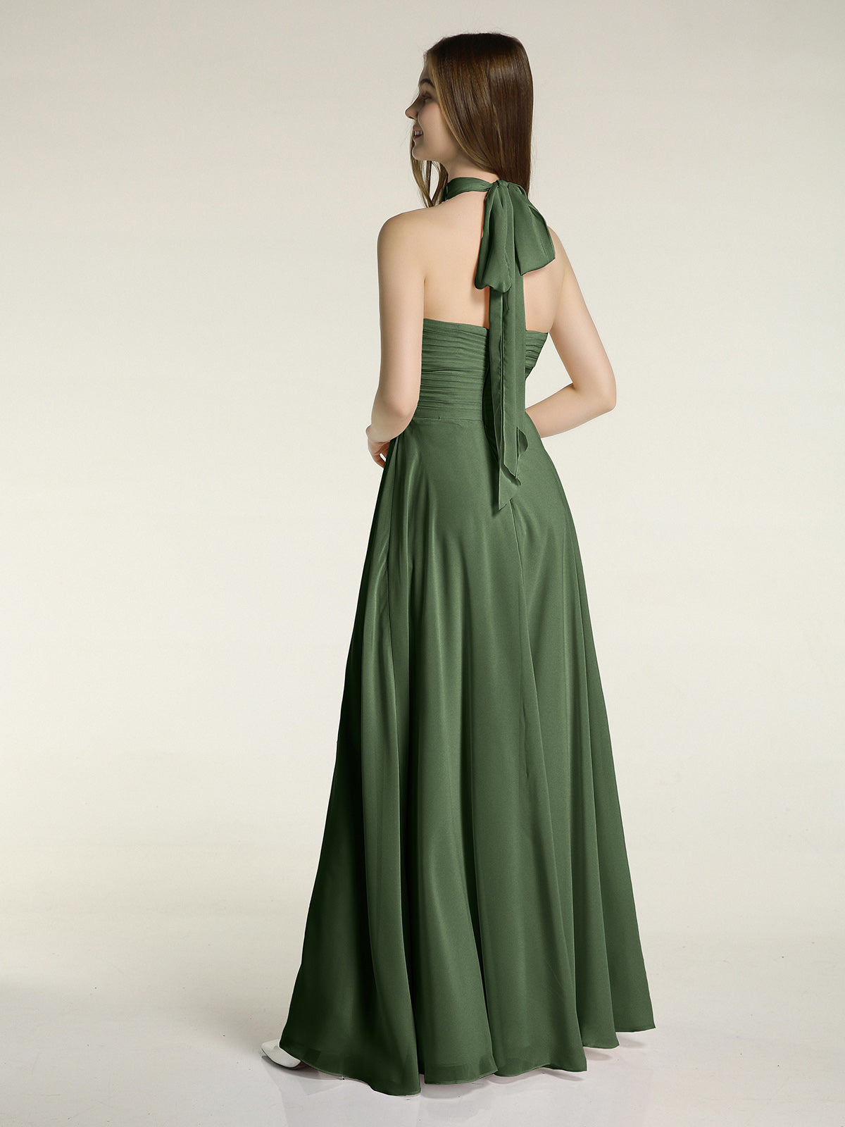 Vestidos de chiffon con escote alto ilusión y cintura cruzada Verde Oliva