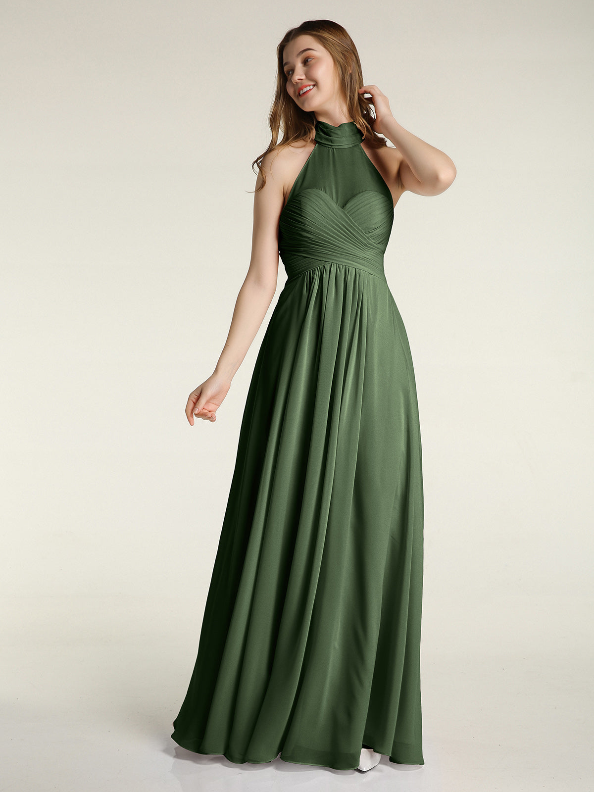 Vestidos de chiffon con escote alto ilusión y cintura cruzada Verde Oliva