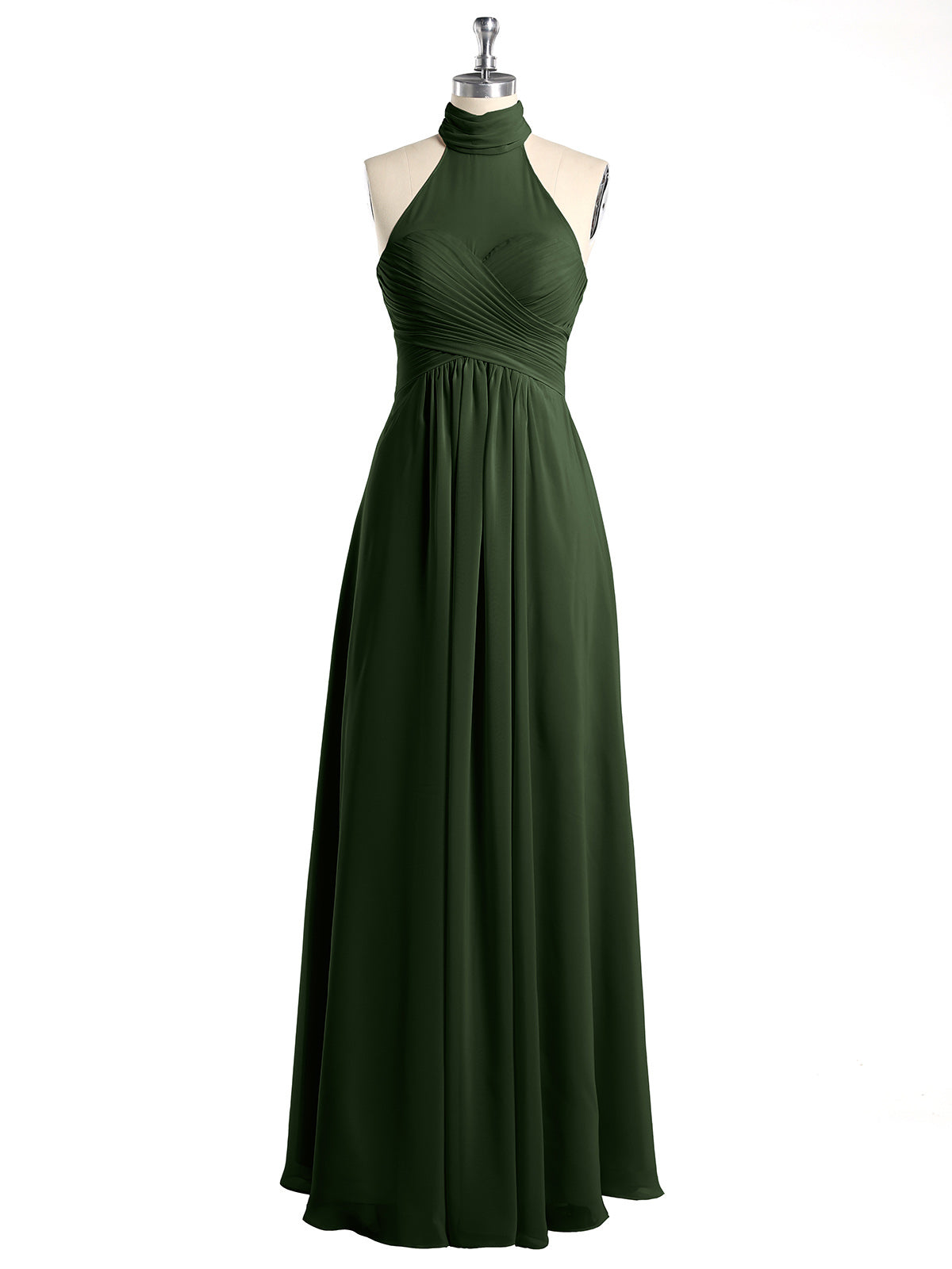 Vestidos de chiffon con escote alto ilusión y cintura cruzada Verde Oliva