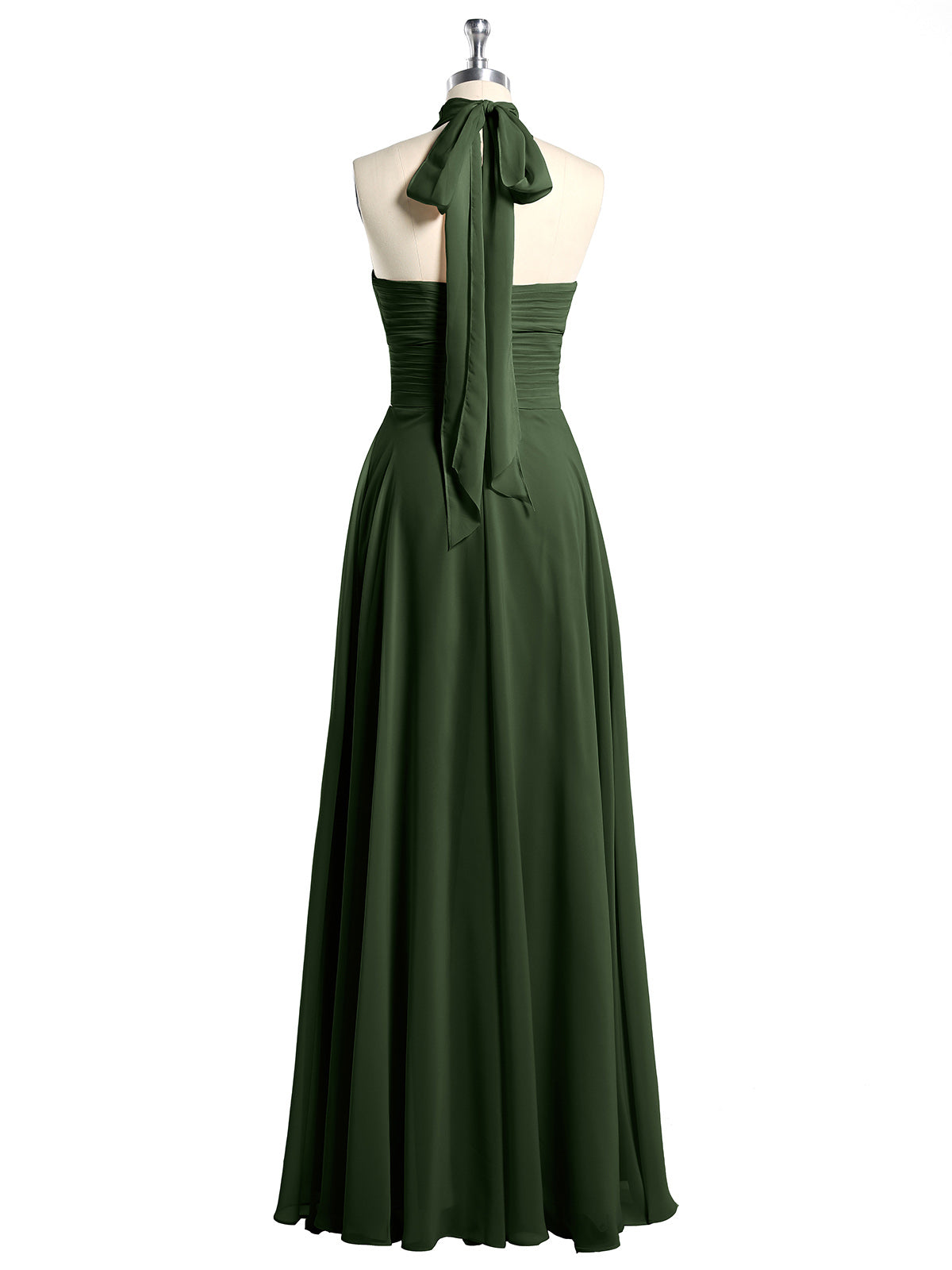 Vestidos de chiffon con escote alto ilusión y cintura cruzada Verde Oliva